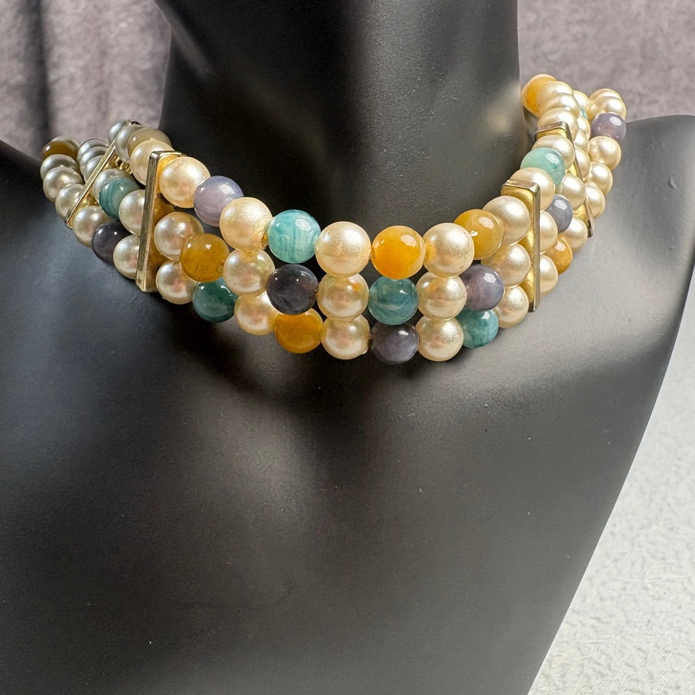 Vintage Triple Strand Faux Pearl Gemstone Choker Necklace Gold Tone Hook Clasp‎